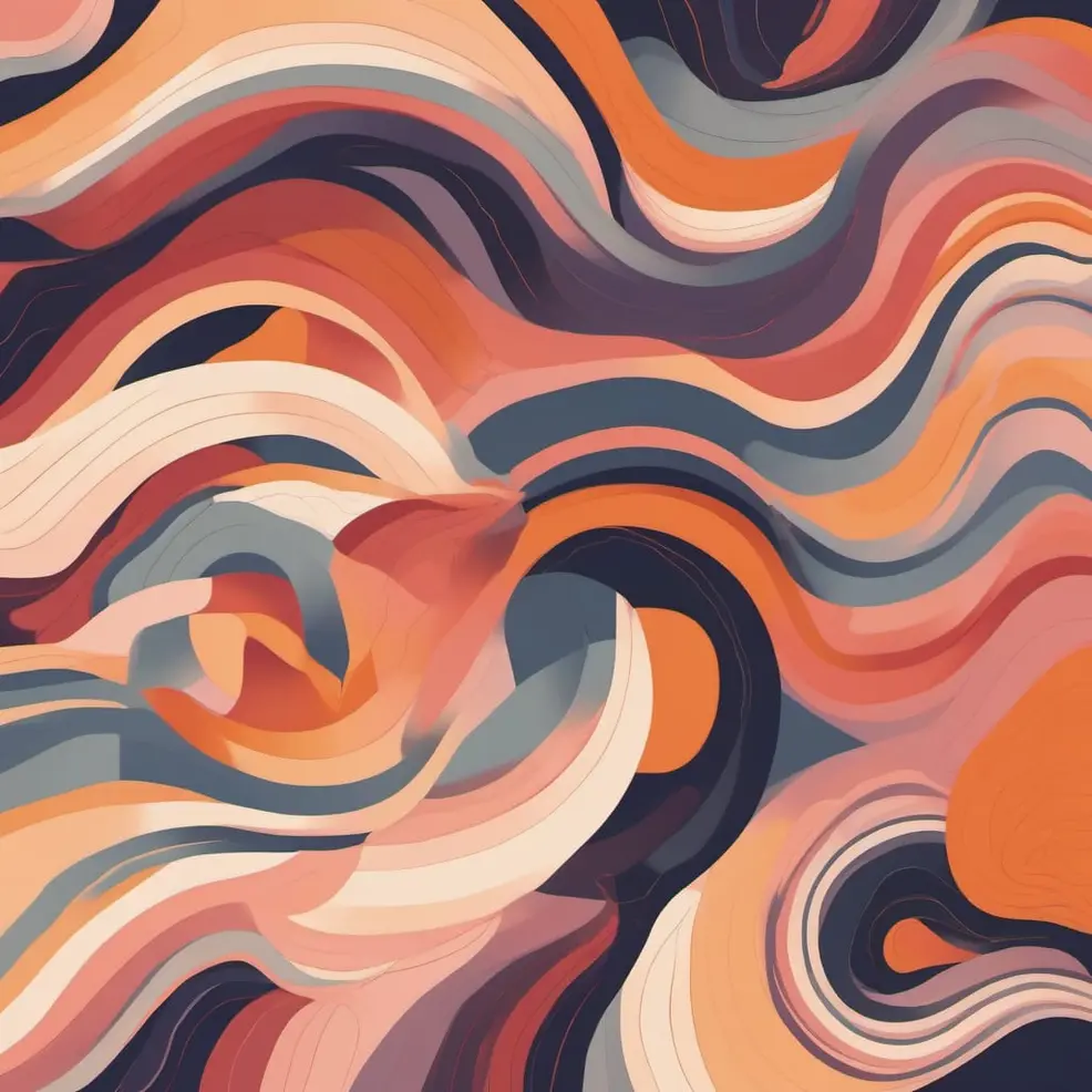 Golvende, wervelende lijnen in tinten oranje, beige, grijs en donkerblauw vormen een abstract patroon