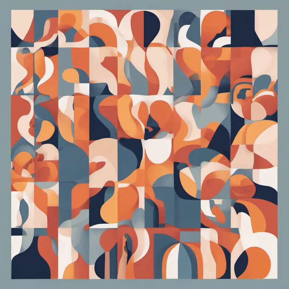 Een vierkante patroon van oranje, crème, blauw en grijs abstracte vormen in een rooster op een gedempt grijs-groene achtergrond