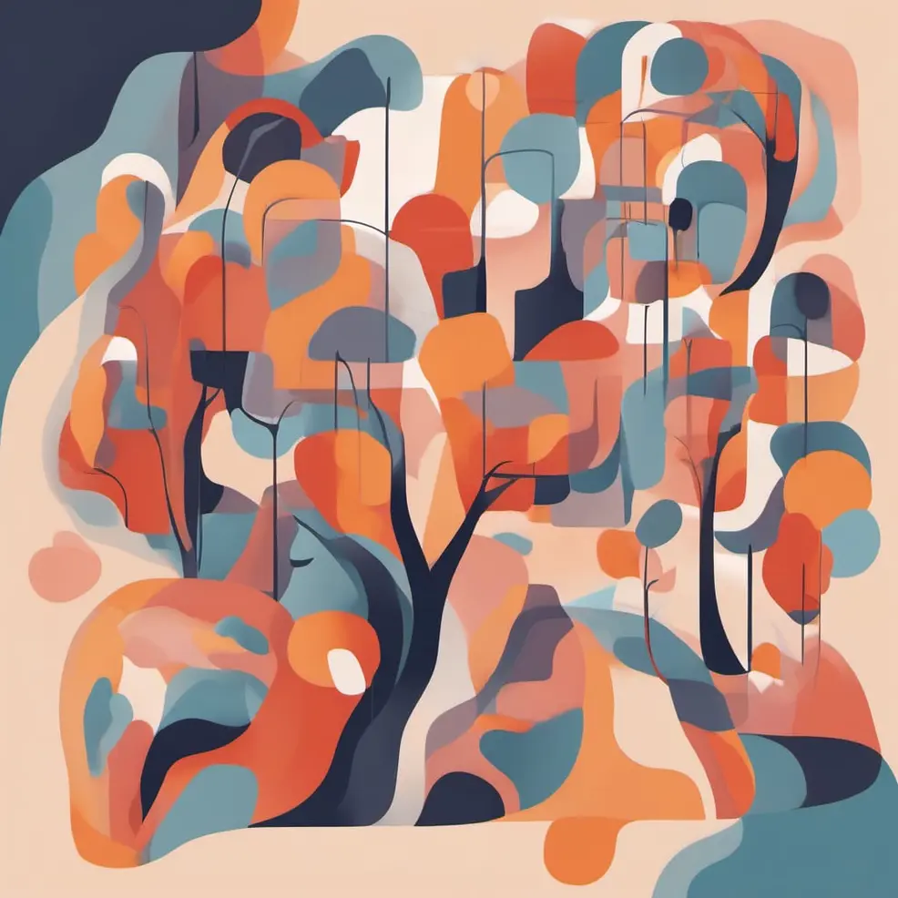 Abstracte bomen met ronde vormen in tinten oranje, blauw en beige op een zacht gekleurd achtergrond