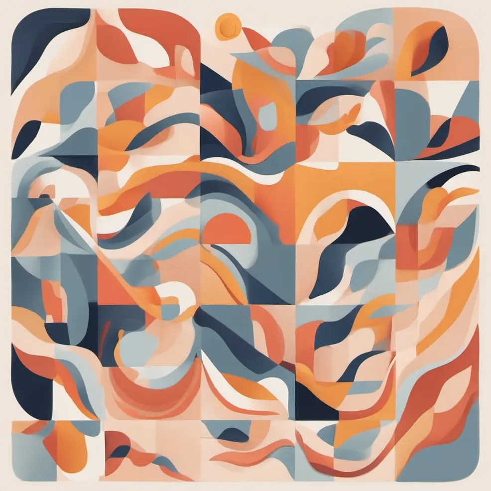 Interlocking oranje, blauw-grijze en beige vormen in een roosterpatroon op een licht kremefarbeerde achtergrond met een klein geel cirkeltje