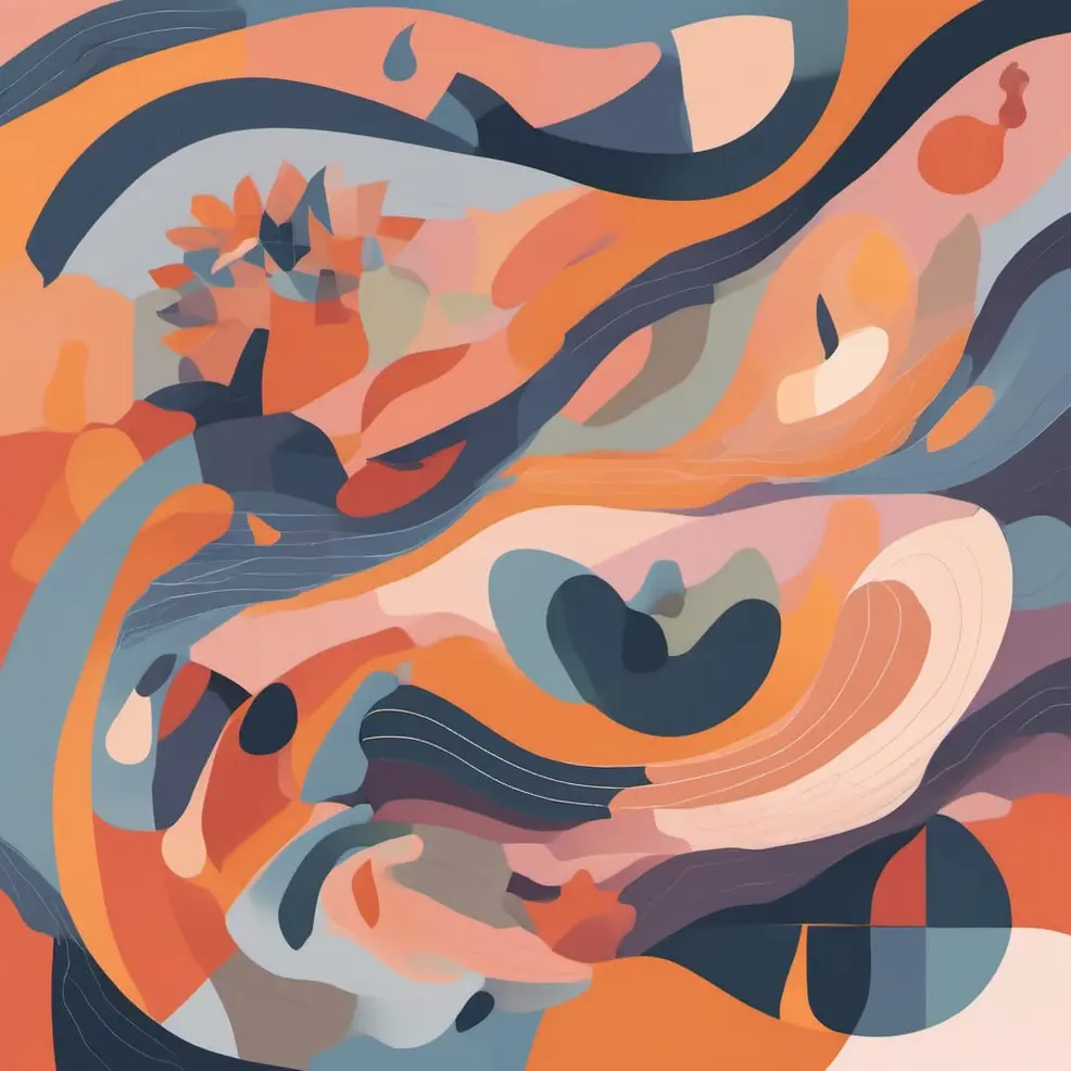 Vloeiende oranje, blauwe en roze vormen met een centrale bloem in het midden, omringd door gekurven lijnen en zachte gradiënten