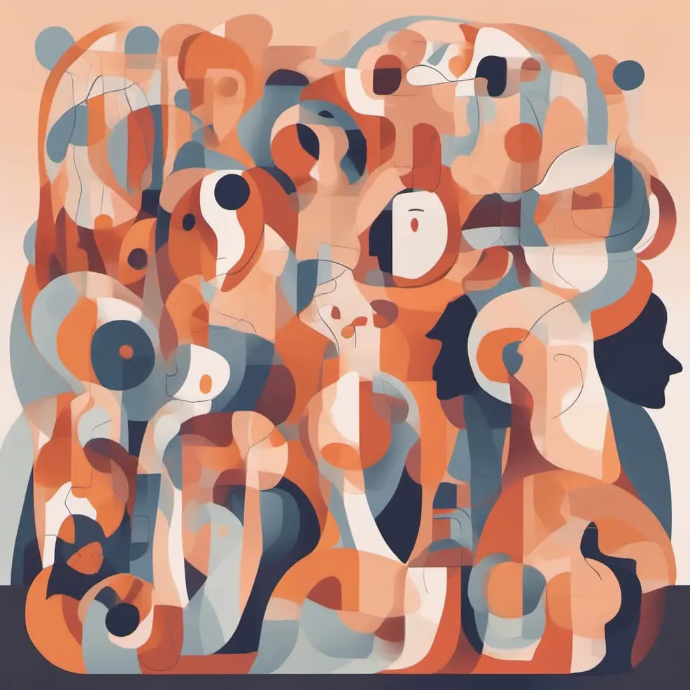 Overlappende abstracte vormen in tinten oranje, blauw, grijs en wit op een peachkleurige achtergrond