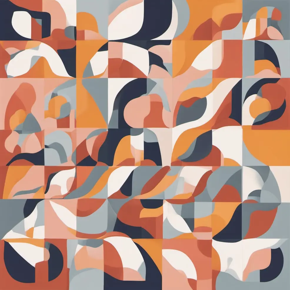 Herhalende abstracte, gekurvene vormen in tinten oranje, beige, grijs, wit en donkergroen op een vierkant roosterachtergrond
