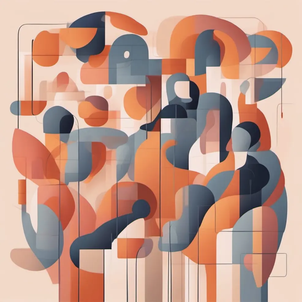 Ronde en rechthoekige vormen in oranje, blauw-grijs en beige overlappen elkaar op een licht bruine achtergrond met dunne verticale lijnen