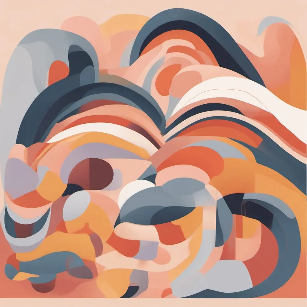 Overlappende gekleurde vormen in oranje, grijs, blauw en peach op een lichtroze achtergrond