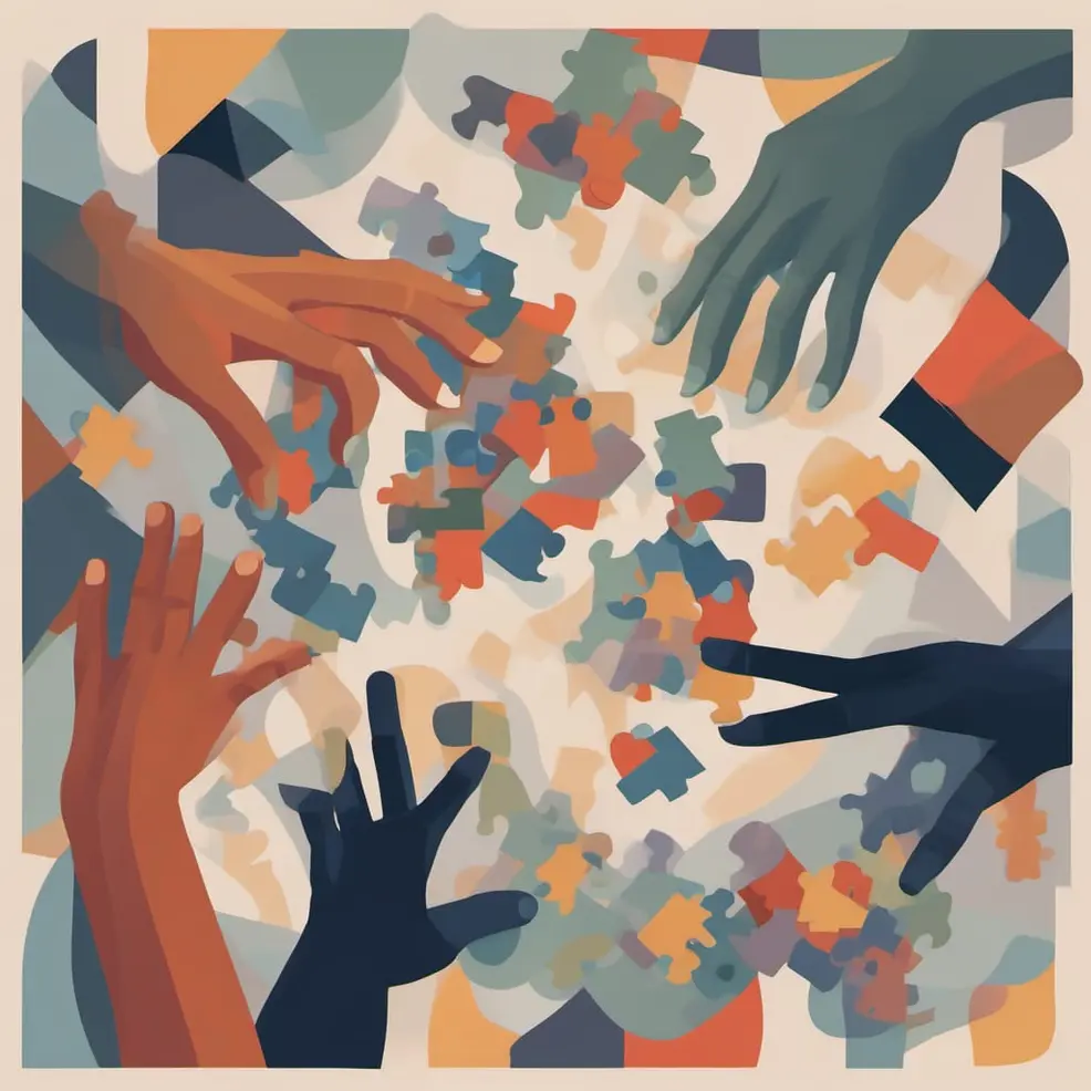Verschillende handen met verschillende huidtonen reiken naar een verspreiding van legpuzzelstukken tegen een achtergrond van gedempte beige en blauwe tinten